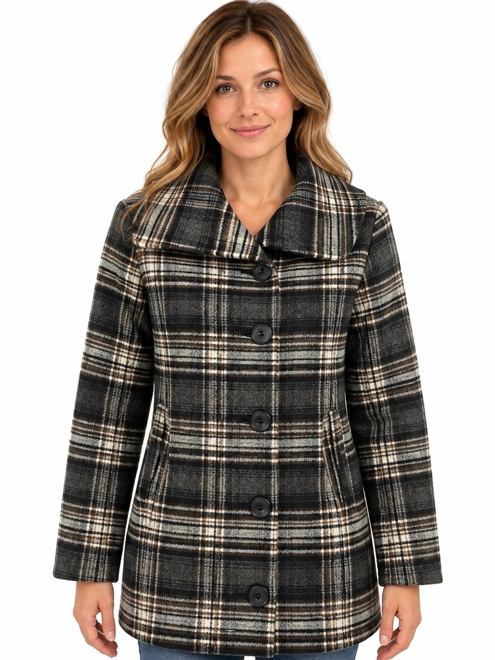 Northern Reflections Wool Blend Plaid Coat | Women’s Small | Brown/Grey/Cream